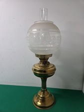 Vintage Brass Oil Lamp with Etched Glass Globe Shade & Chimney