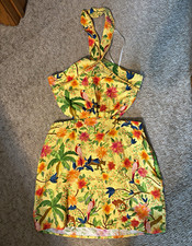 Farm Rio Solar Forest Yellow Tropical Floral Halter Linen Mini Dress Women’s M