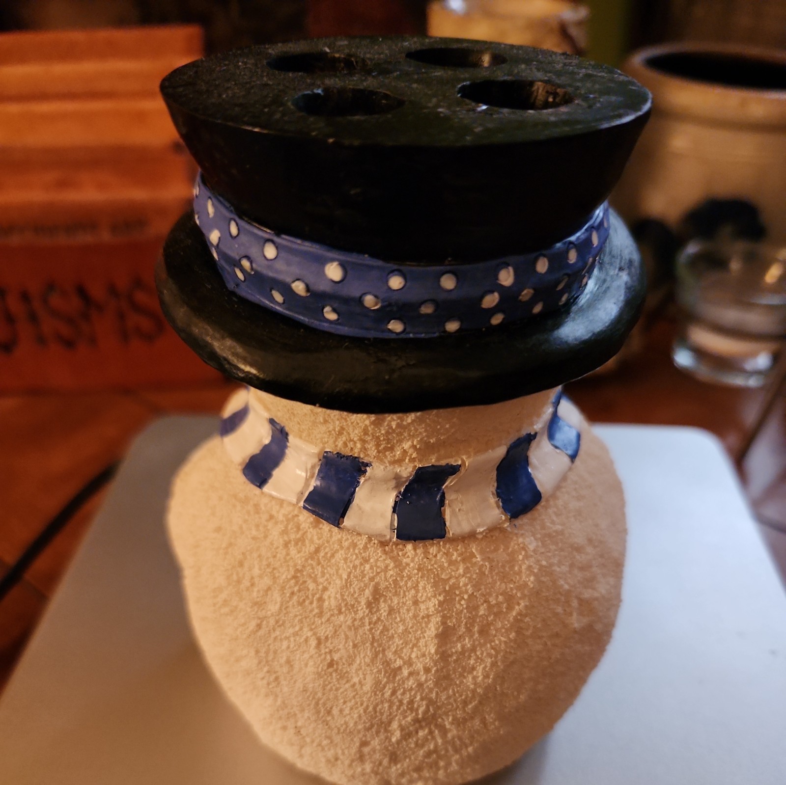 Happy Snowman Utensil Holder Vase Toothbrush Holder Ceramic 5"T 5"W~