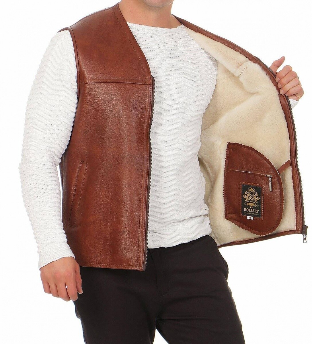 Hollert Men's Lamb fur Vest Firminius without Collar Cognac Real Leather Hunting image 4