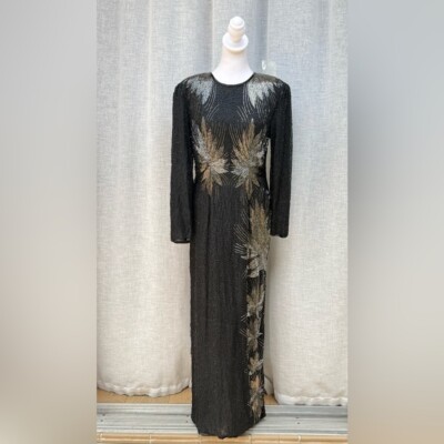 black and silver beaded dress Scala 61315 Long Beaded Formal Fringe Prom Dress