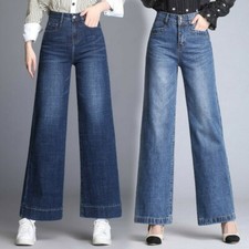 Jeans Ampi Da Donna In Denim Pantaloni Flared A Vita Alta Casual