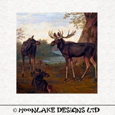 Moose vintage, at the water hole- Fabric Cushion Upholstery Craft Quilting Panel