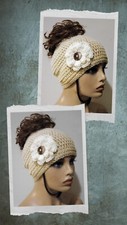 crochet womans handmade messy bun hat flower beanie puffs sand brown