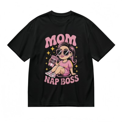 Women's Nap Queen T-Shirt Playful Beverage Art Black Cotton Tee With Star Accent