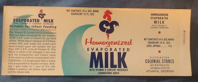 Colonial Store Homogenized Milk Label From Around 1966-67 Mint Condition Rareto