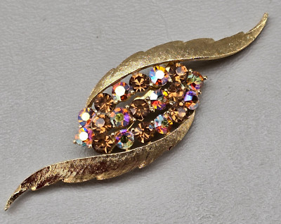 Vintage Coro Rhinestone Brooch Arora Borialis Gold Tone