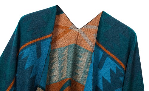 Women's Printed Tassel Open front Poncho Cape Cardigan Wrap Shawl Series 4-Blue - Picture 3 of 6
