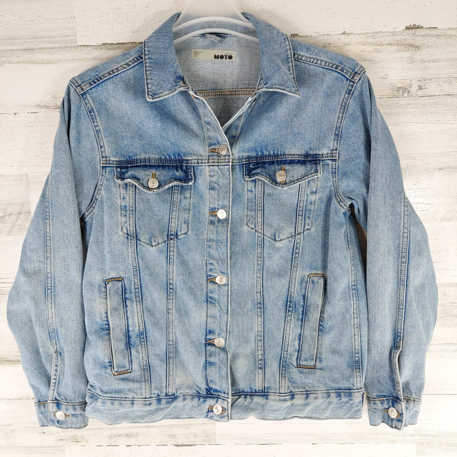 TOPSHOP MOTO MEDIUM WASH WOMEN'S DENIM TRUCKER JEAN JACKET Sz US 6 INNER POCKETS