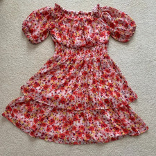 Laundry By Shelli Segal Red Pink Yellow Floral Smocked Tiered Mini Dress Size 10