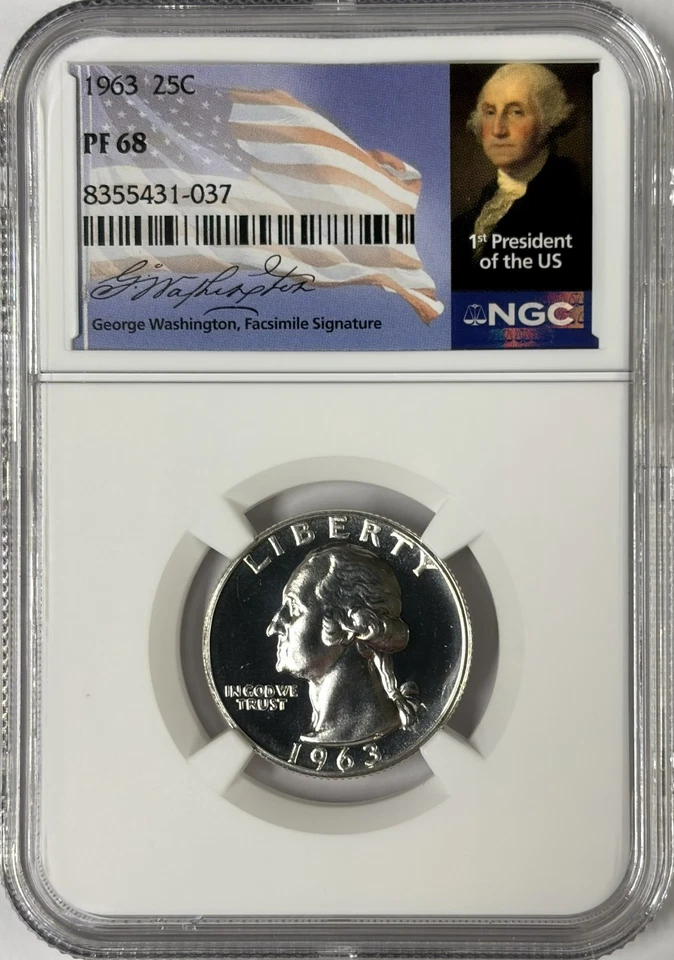 1963 NGC PF68 90% Silver Proof Washington Quarter 25c New Signature Label - Image 3 of 3