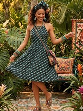 FARM RIO Black Floral Halter Mini Dress with Teal Accents