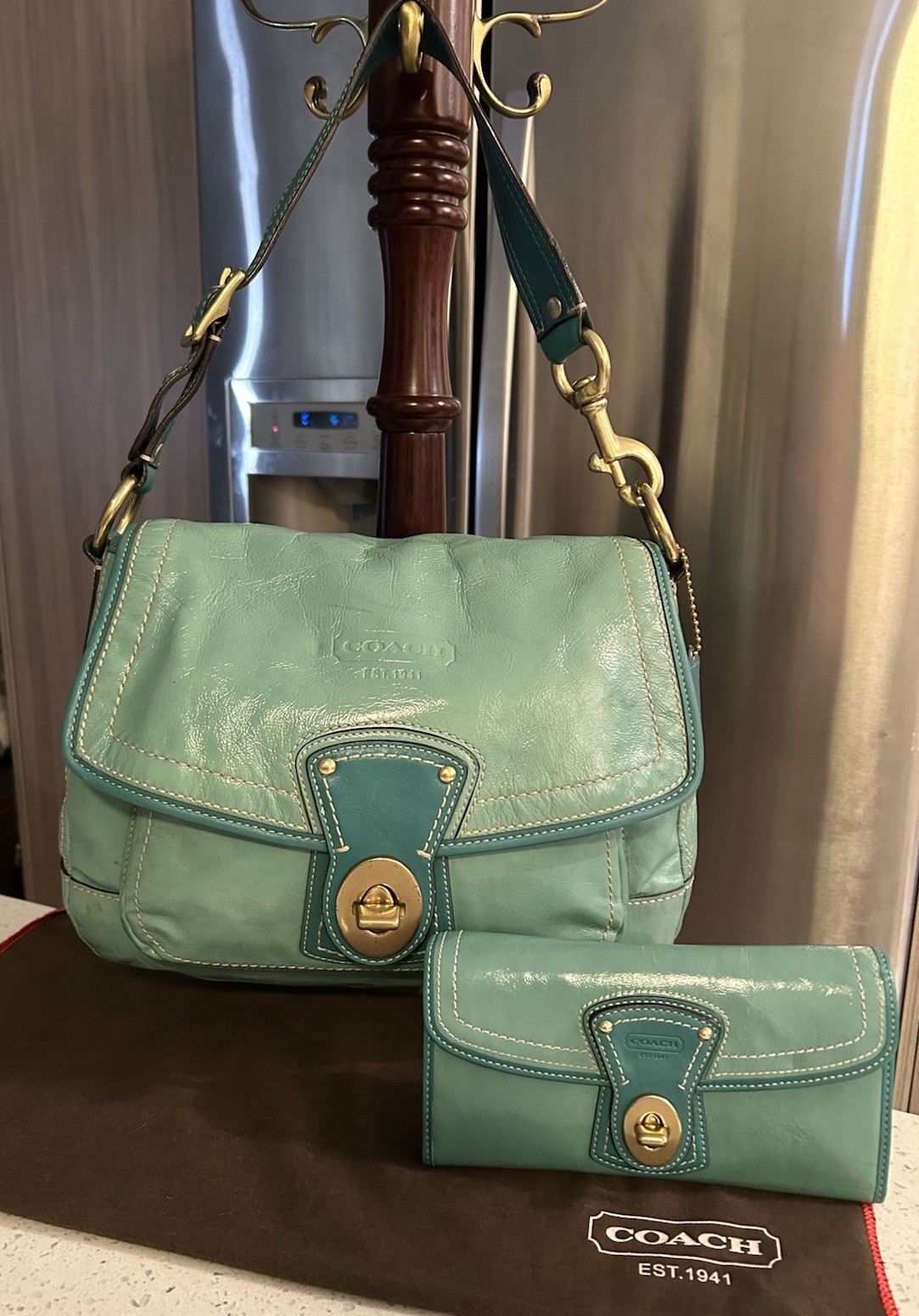 Coach Ali Legacy  Turn Lock Teal Leather Shoulder Bag With Matching Wallet