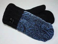 Valley View Farms Recycled Wool Sweater Mittens Fleece Lined Blue Black Paisley