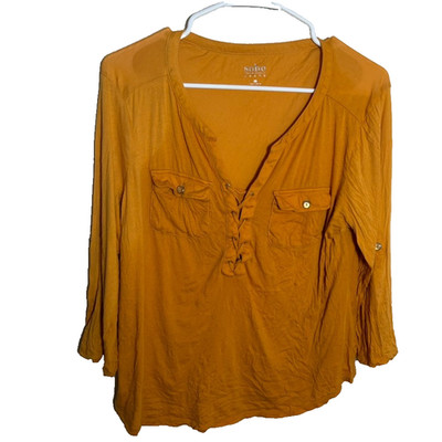 Soho Jeans Blouse Women's Medium Mustard V-Neck Pocket 3/4 Sleeve Top