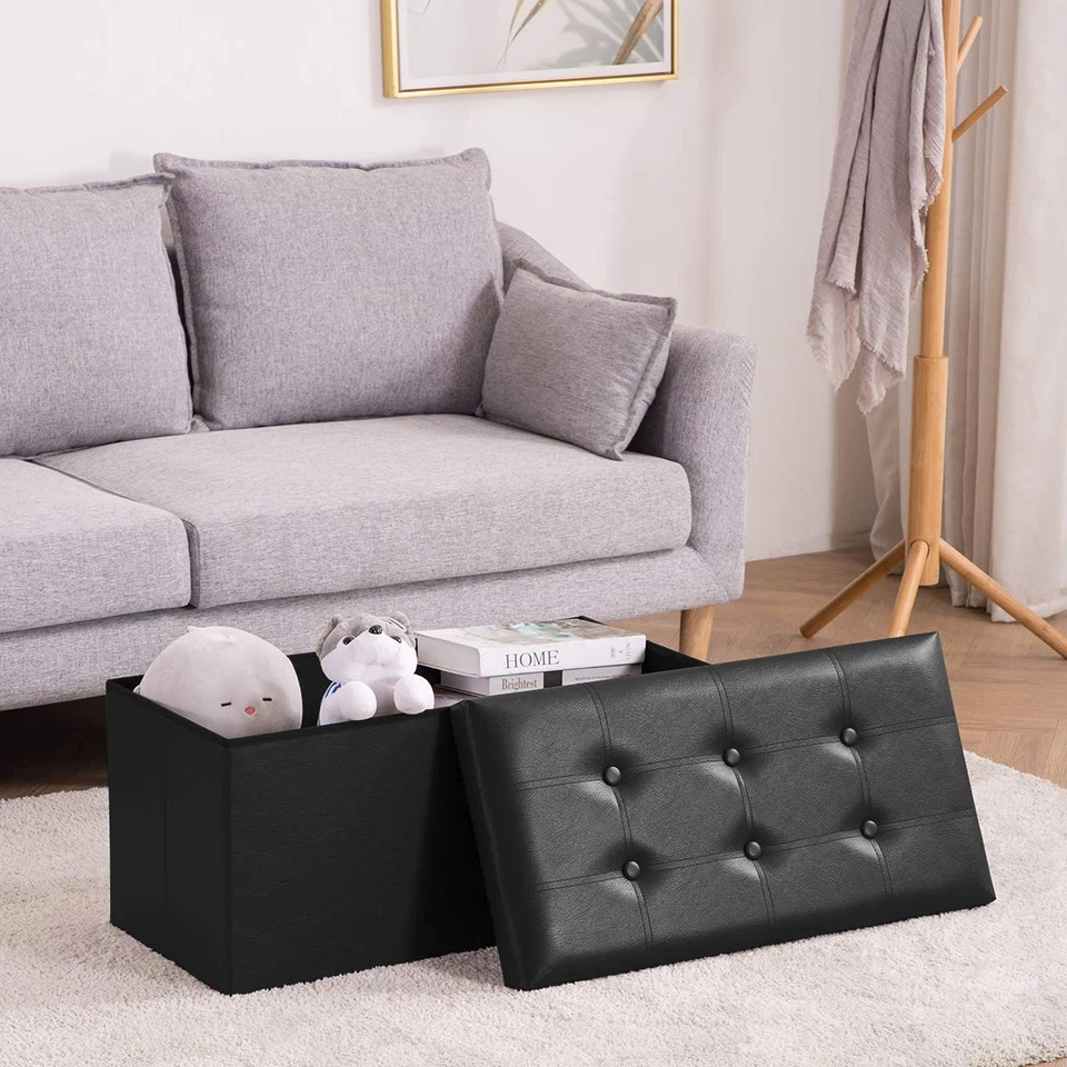 Folding Storage Ottoman Bench, Faux Leather Footrest Couch for Living Room, 3... - Image 4 of 4