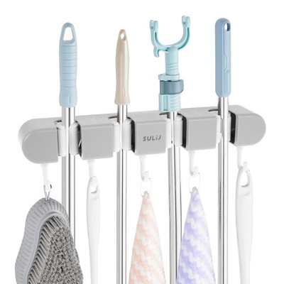 3 PCS Broom Holder Wall Mount No-Drill Adhesive Mop Storage 4 Rack 5 Hook Gray