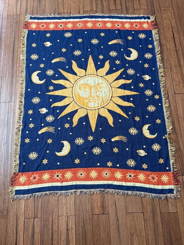 Vintage 90s Celestial Sun Moon Woven Cotton Tapestry Fringed Throw Blanket 51x67