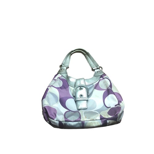 Coach F17406 Signature Soho Satin Scarf Print Hobo Bag Purse Purple Grey Silver