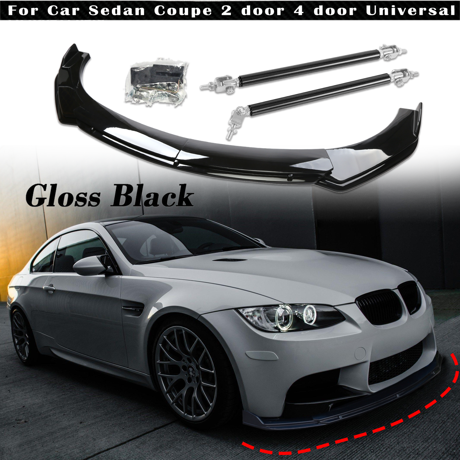 For BMW Front Bumper Lip Splitter Spoiler Glossy Black+Strut Rods