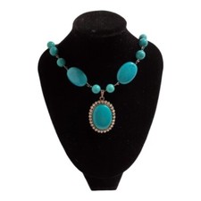 Fashion Statement Necklace Turquoise Blue Oval Beads Rhinestone Pendant 28"