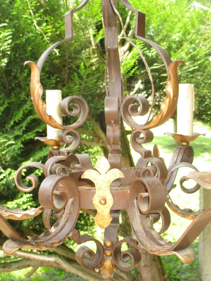 Lustre suspension ancien en fer forgé 6 bras de lumière - Photo 3/4