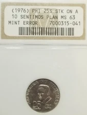 PHILIPPINES 1976 25 SENTIMOS STRUCK ON 10 SENTIMOS PLANCHET ERROR NGC MS-63!