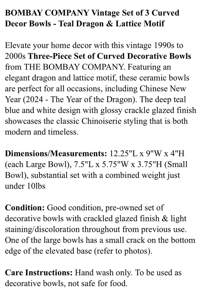 BOMBAY COMPANY Conjunto Vintage de 3 Tigelas Decorativas Curvas - Motivo Dragão Azul-petróleo e Treliça - Imagem 4 de 4