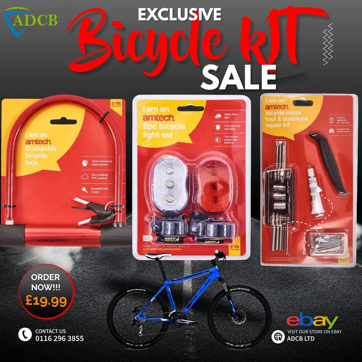 Am Tech Bicycle Kit Repair Kit Puncture Kit D Shackle Lock 2 Piece Light Set