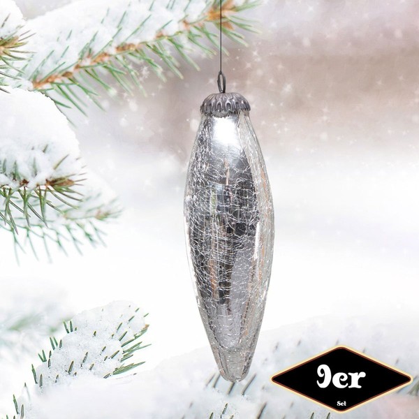 Christbaumkugelset In Zapfen-Form, 9Er Set|Glas, Weiß, Krakeliert |H13,5Xb5,0Cm-image