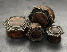 PAIR Rose Wood Plugs  w/Rose of Sharon Top Plugs Earlets Gauges Body Jewelry