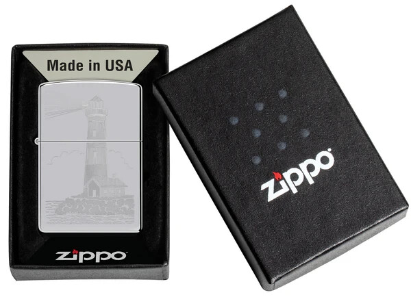 Zippo 46725,  Lighthouse Design High Polish Chrome Finish Lighter, NEW