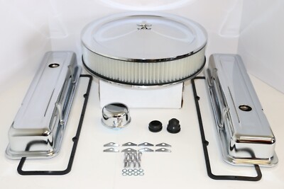 SB Chevy Chrome Engine Dress Up Short Valve Covers 14'' Air Cleaner SBC 327 350
