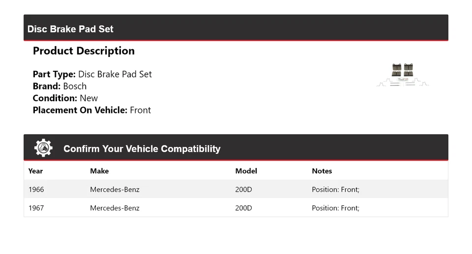 Pastillas de freno semimetálicas con delanteras HD para Mercedes 200D Bosch 1966-1967 Foto 2 de 4