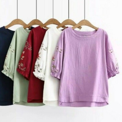 Damen Leinen Baumwolle Bluse Shirt Blumenstickerei lose elastische Manschette Freizeit Tops