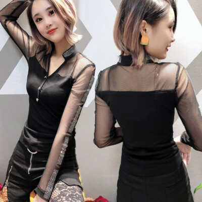 Damen Netz Strass Bluse Top T-Shirt Langärmelig Slim Durchsichtig Sexy Schwarze
