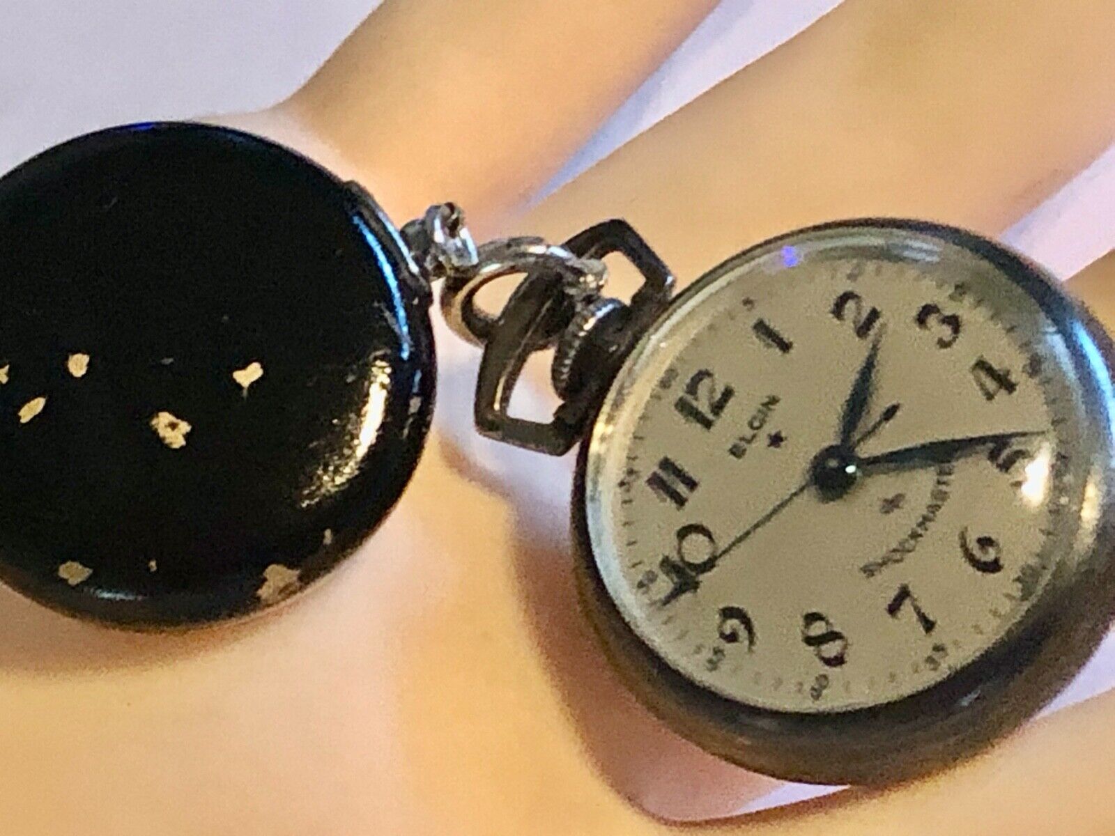 Vintage Elgin Pocket Watch Blk Enamel Lapel Pin Watch  K & McD Pat Products USA