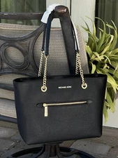 MICHAEL KORS JET SET MEDIUM FRONT ZIP CHAIN TOTE BAG PURSE MK BLACK LEATHER GOLD