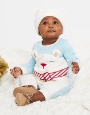 NEW NWT Boys Sz 0-3 Bear Romper  Soft Fleece Cap 2 Pc Outfit HOLIDAY TIME