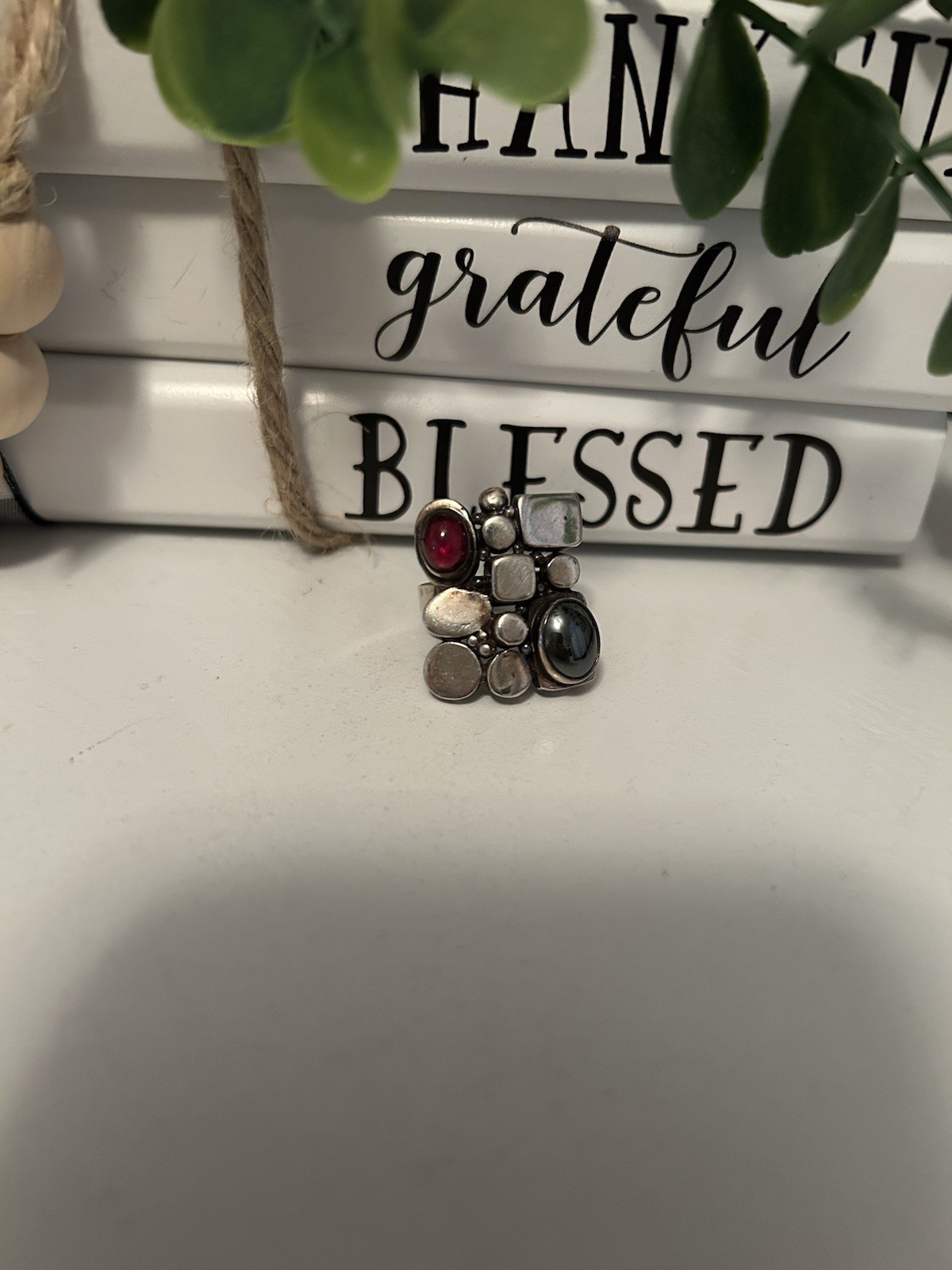 STERLING SILVER Large Unique Ring W/Hematite/Garn… - image 1
