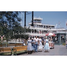 Disneyland 1958 Mark Twain Riverboat Frontier Landing Dock People Color Slide
