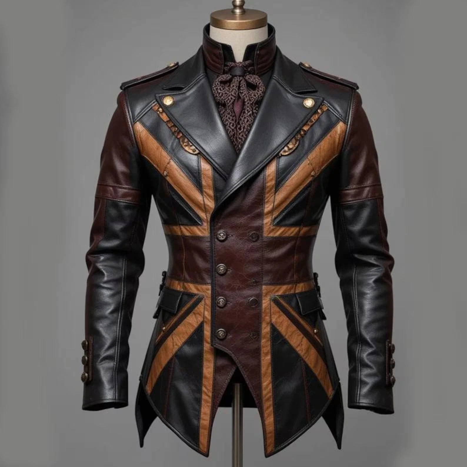 Men Genuine Leather Tailcoat UK Flag Design Victorian Handmade British Long Coat