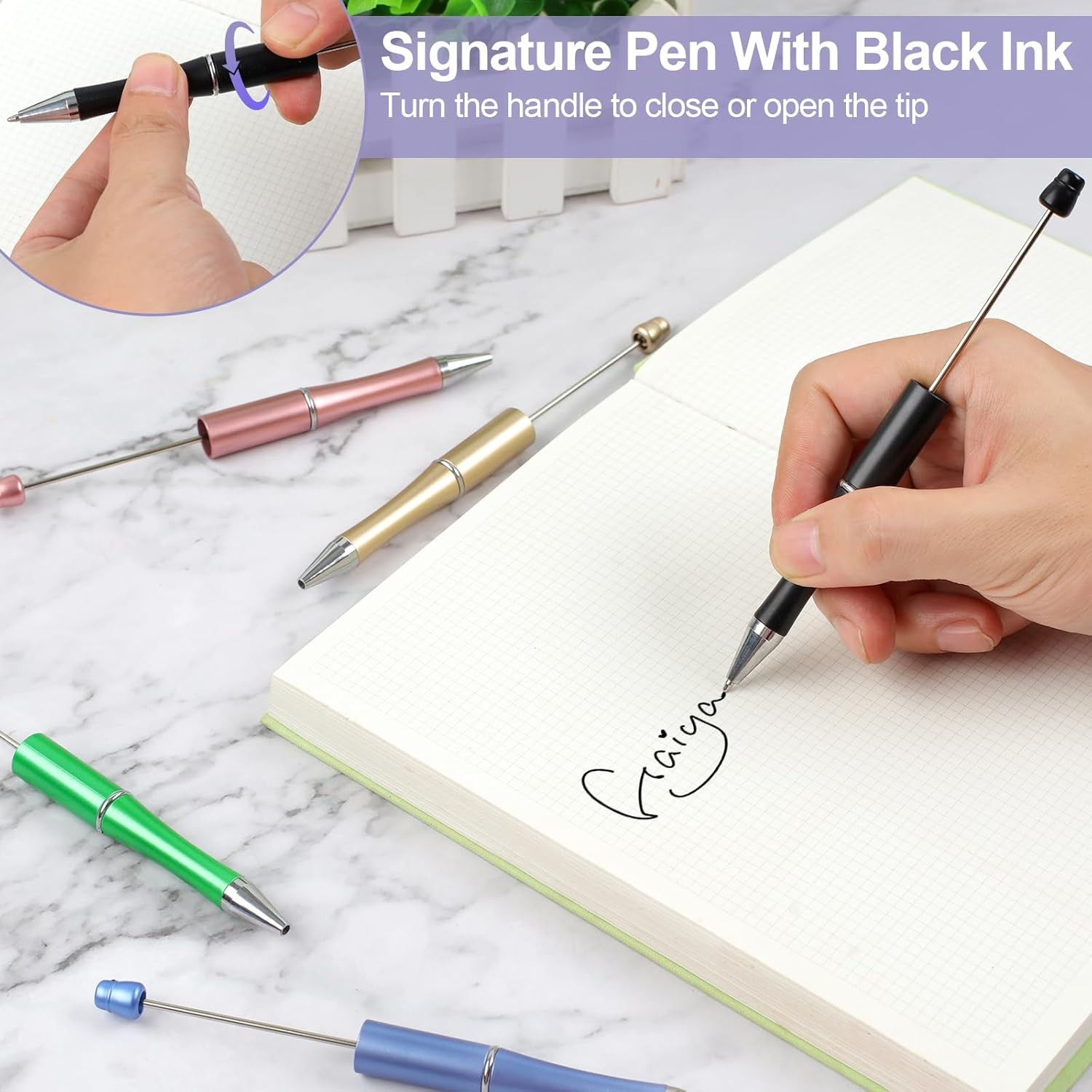 15 PCS Beadable Pens, Beadable Pens Bulk Colored Plastic, Black Ink Beaded Pens