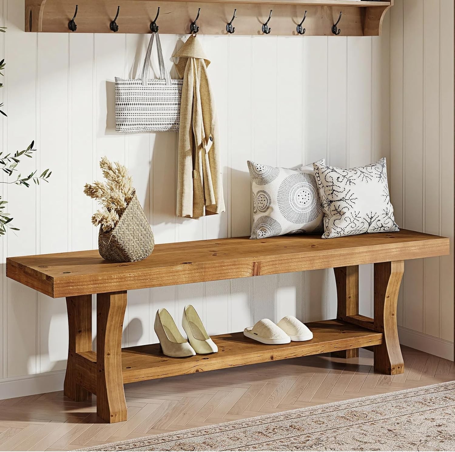 55-Inch Solid Wood Entryway Bench, Indoor End of Bed Bench with Storage Shelf