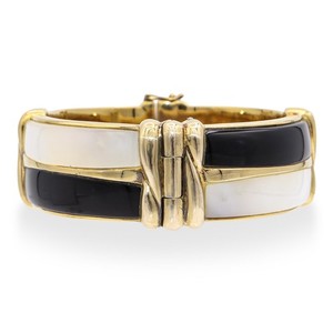 Authentic Kai Yin Lo Gold Plated Sterling Silver Onyx and Mother of Pearl Cuff Bracelet
