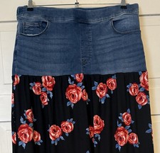 Women’s Refashioned Jean Skirt Waist 36 Handmade Knit Black Red Floral Upcycled