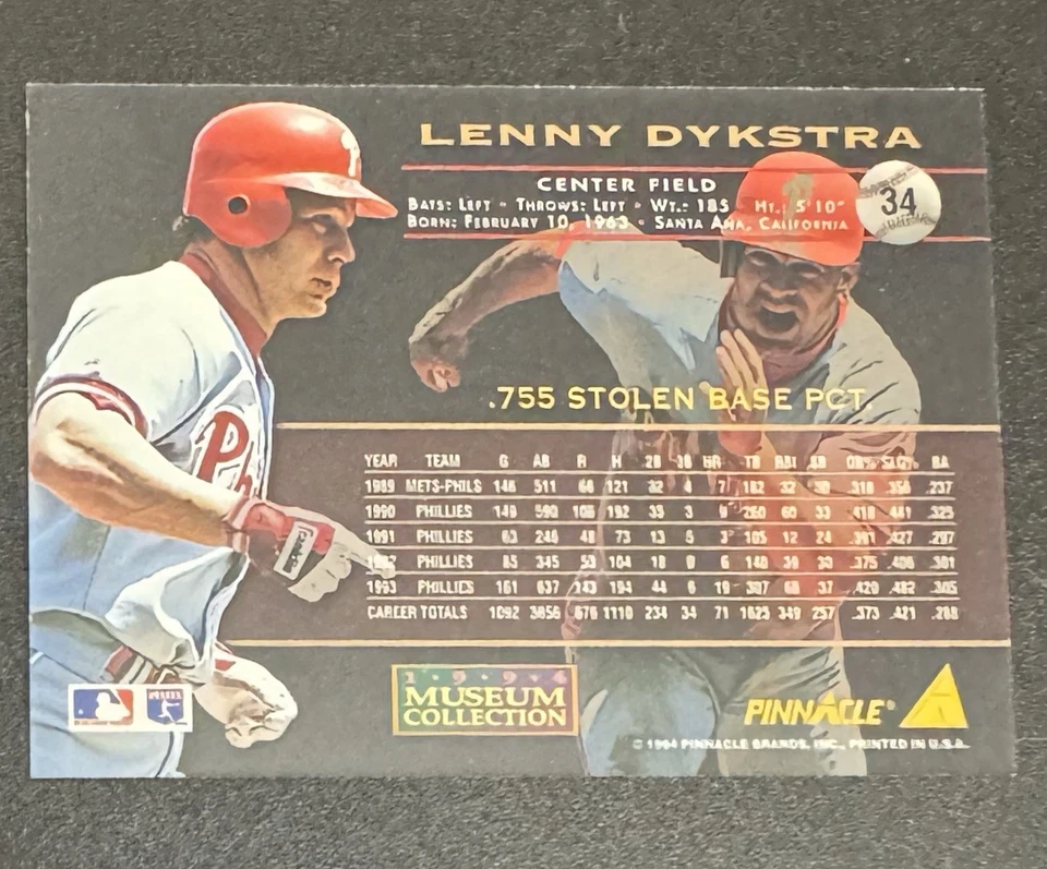 Lenny Dykstra 1994 Pinnacle Museum Collection #34 - Philadelphia Phillies - Image 2 of 2