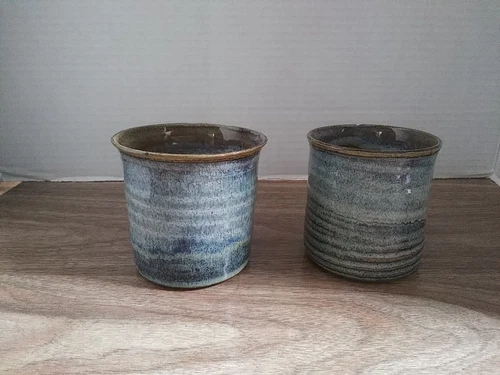 Hand Made Pottery Tumbler Cups Set Of 2 About 3 X 3 Blue Drip Glaze Signed