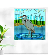 Heron Faux Stained-Glass WINDOW CLING Sun-catcher Size 8" Square Vinyl