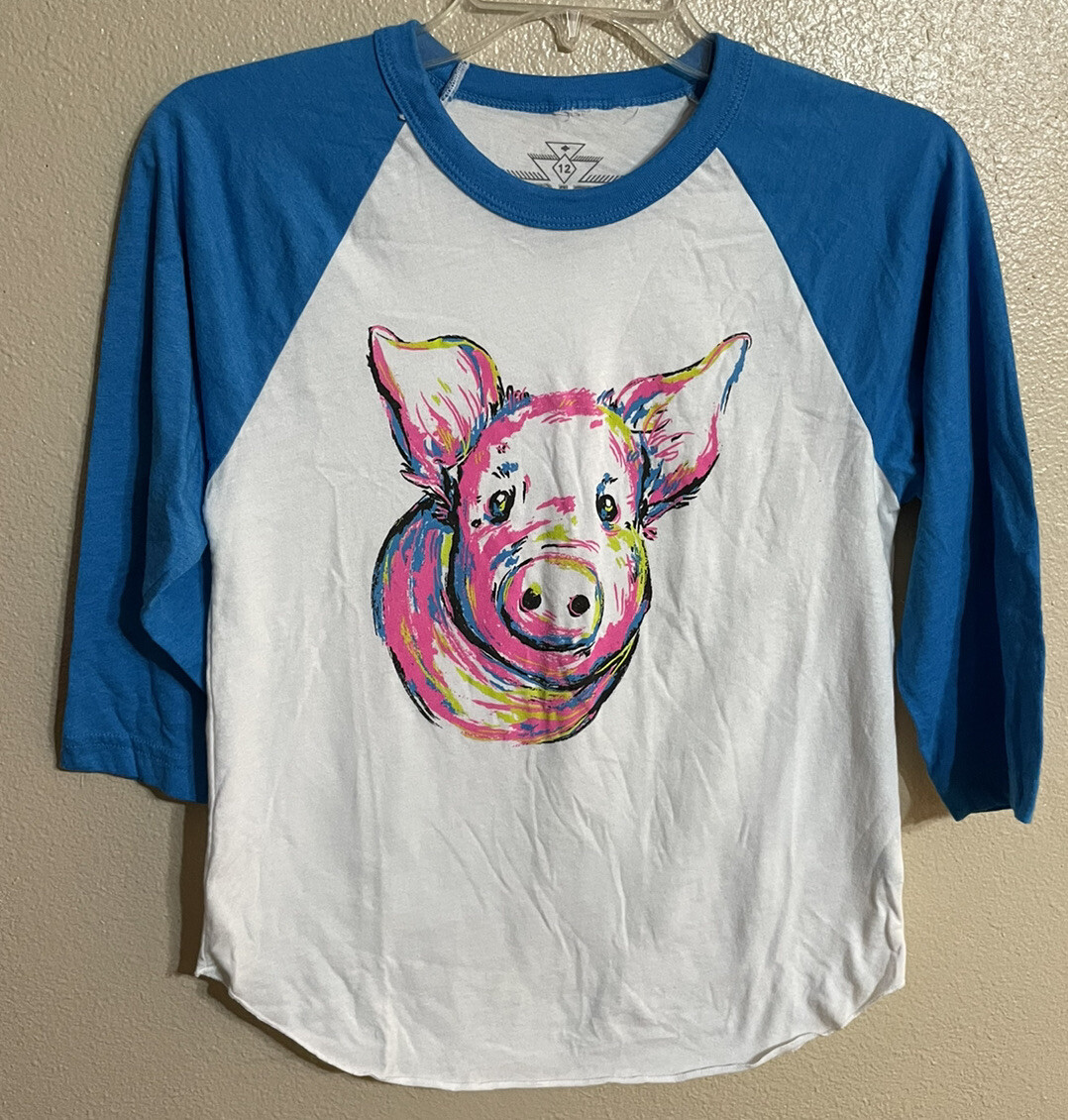 Crazy Train Girls 12 Baseball Graphic Pig Top Shirt Neon 3/4